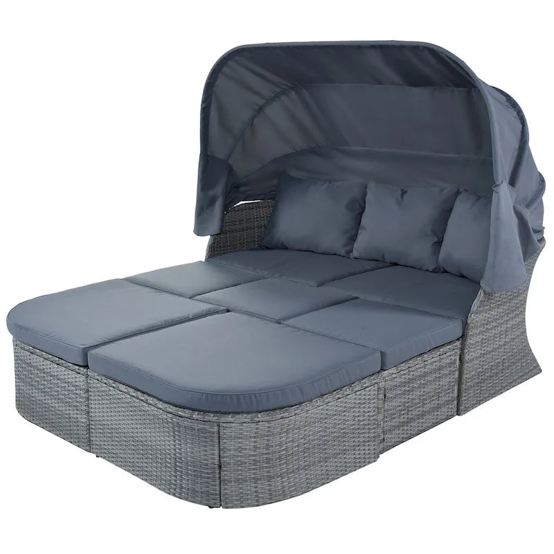 Letto da giorno modulare, lettino prendisole con baldacchino, set da conversazione in vimini per patio