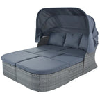 Letto da giorno modulare, lettino prendisole con baldacchino, set da conversazione in vimini per patio