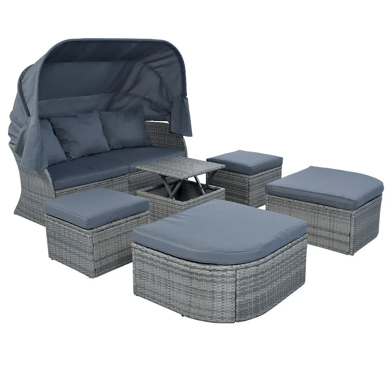 Letto da giorno modulare, lettino prendisole con baldacchino, set da conversazione in vimini per patio