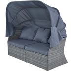 Letto da giorno modulare, lettino prendisole con baldacchino, set da conversazione in vimini per patio