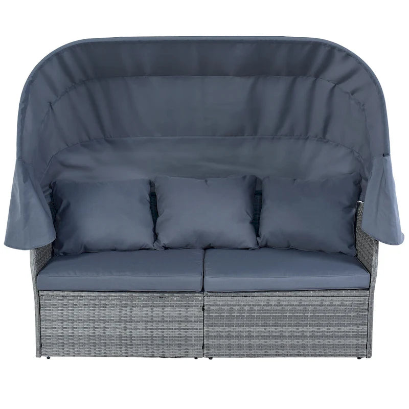 Letto da giorno modulare, lettino prendisole con baldacchino, set da conversazione in vimini per patio