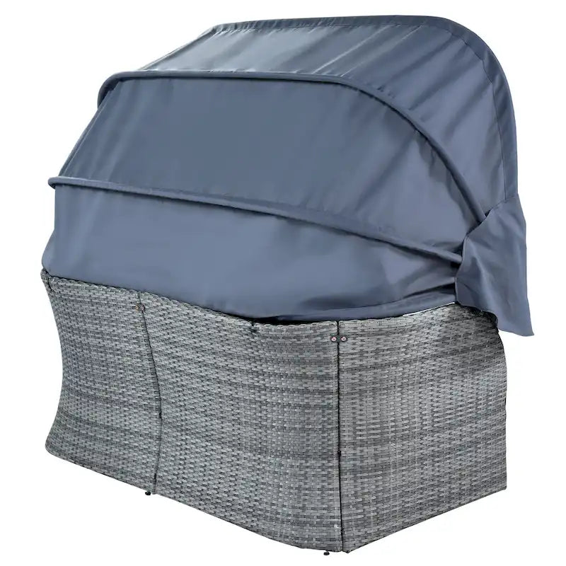 Letto da giorno modulare, lettino prendisole con baldacchino, set da conversazione in vimini per patio