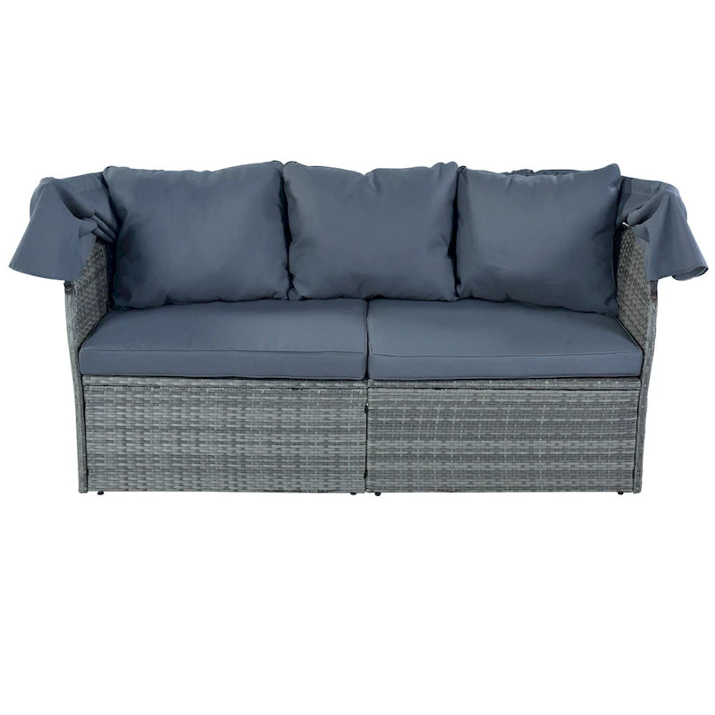 Letto da giorno modulare, lettino prendisole con baldacchino, set da conversazione in vimini per patio