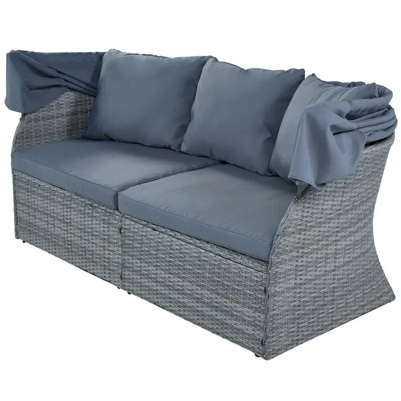 Letto da giorno modulare, lettino prendisole con baldacchino, set da conversazione in vimini per patio