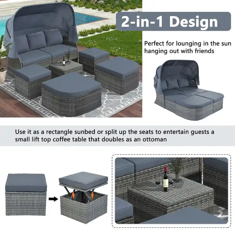 Letto da giorno modulare, lettino prendisole con baldacchino, set da conversazione in vimini per patio