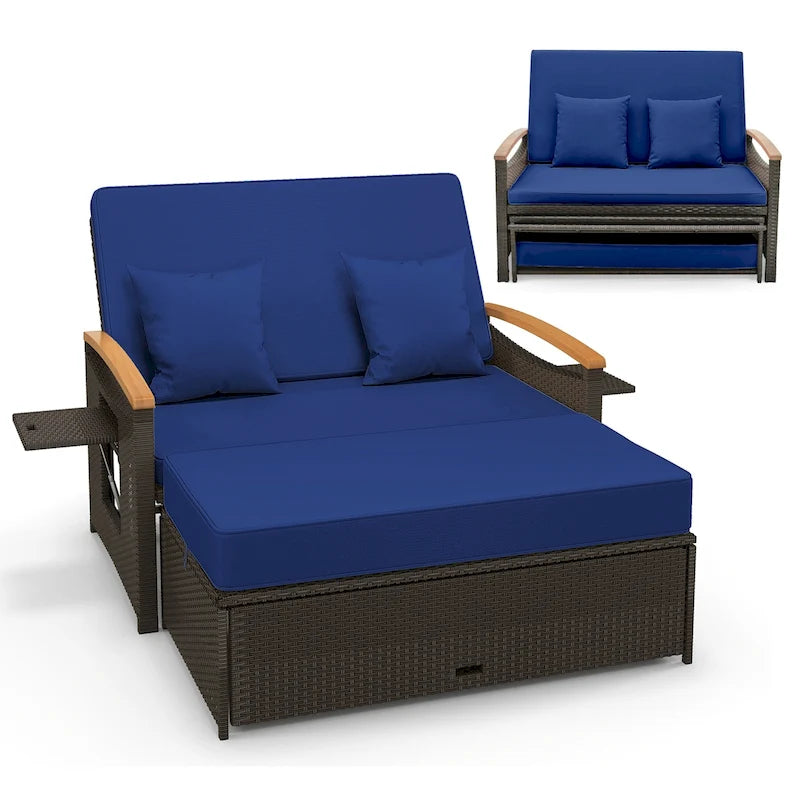 Gymax Letto Divano Esterno in Vimini Patio Divanetto e Set Pouf Contenitore con