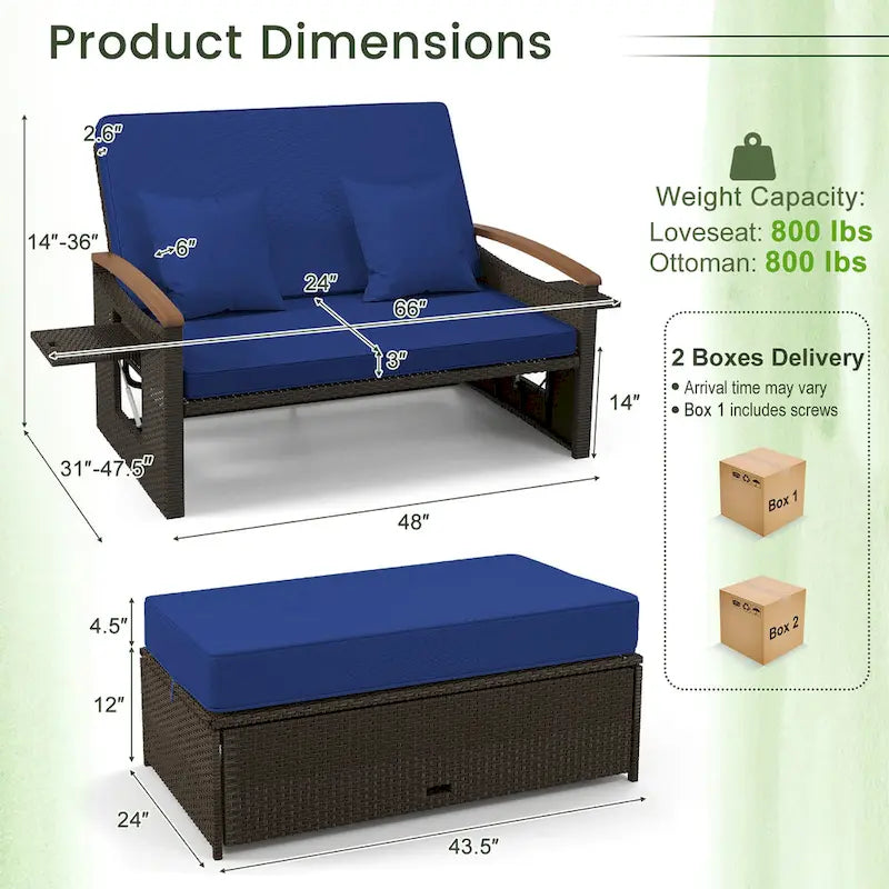 Gymax Letto Divano Esterno in Vimini Patio Divanetto e Set Pouf Contenitore con