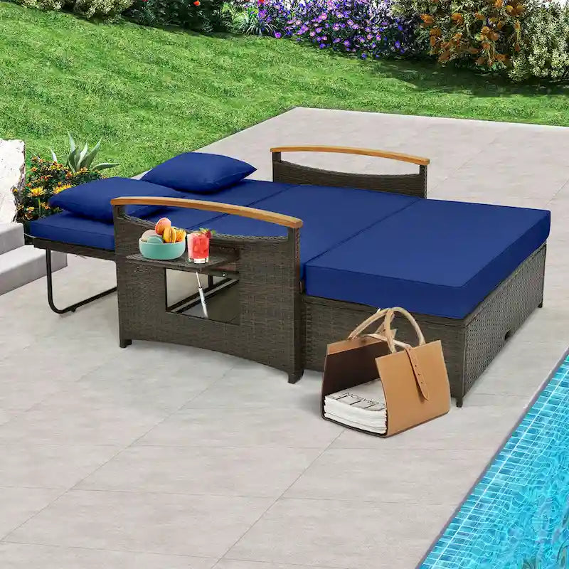 Gymax Letto Divano Esterno in Vimini Patio Divanetto e Set Pouf Contenitore con