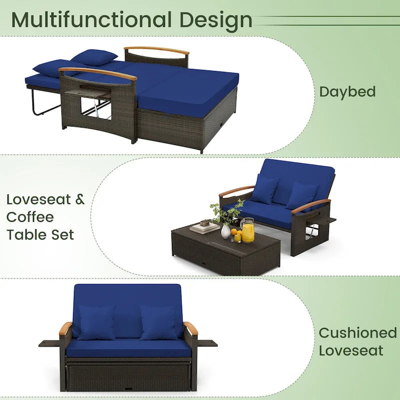 Gymax Letto Divano Esterno in Vimini Patio Divanetto e Set Pouf Contenitore con