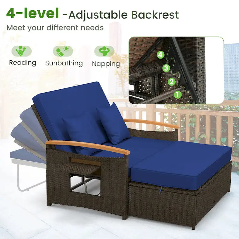 Gymax Letto Divano Esterno in Vimini Patio Divanetto e Set Pouf Contenitore con