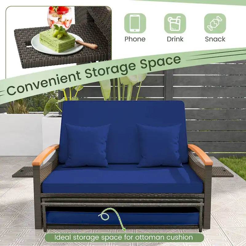 Gymax Letto Divano Esterno in Vimini Patio Divanetto e Set Pouf Contenitore con