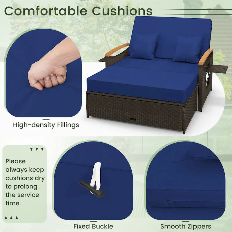 Gymax Letto Divano Esterno in Vimini Patio Divanetto e Set Pouf Contenitore con