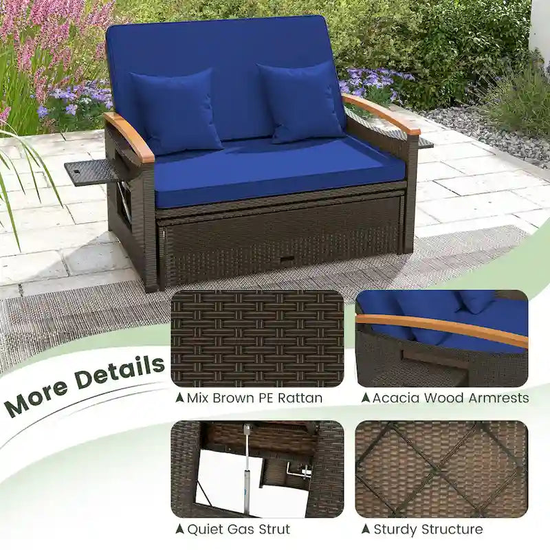 Gymax Letto Divano Esterno in Vimini Patio Divanetto e Set Pouf Contenitore con