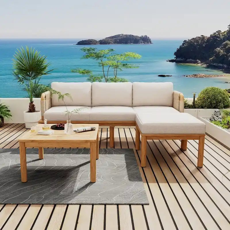Ensemble de canapé d'extérieur moderne 3 pièces en bois d'acacia avec table basse pour patio