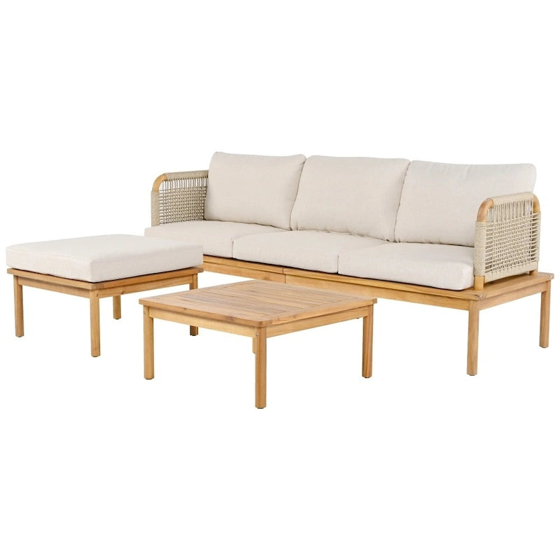 Ensemble de canapé d'extérieur moderne 3 pièces en bois d'acacia avec table basse pour patio