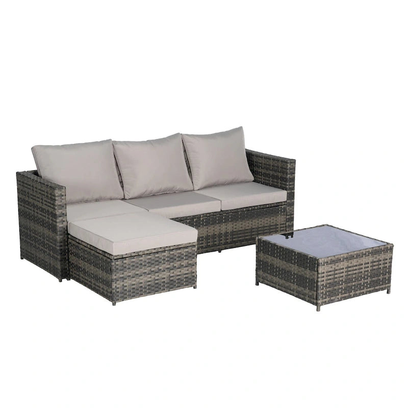 Set Divano a L a 3 Posti in Rattan da Esterno con Pouf e Tavolino da Caffè