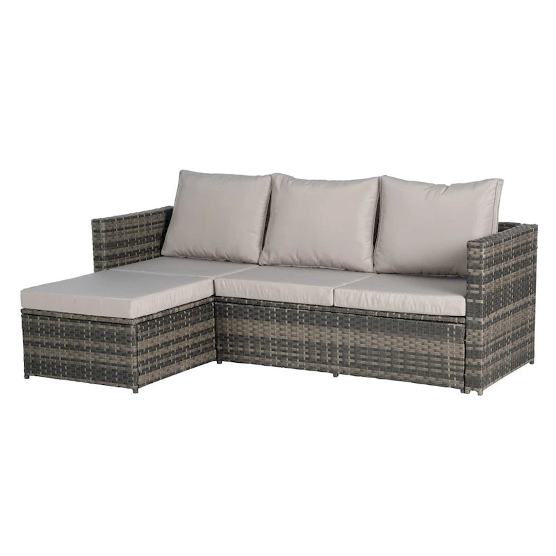 Set Divano a L a 3 Posti in Rattan da Esterno con Pouf e Tavolino da Caffè