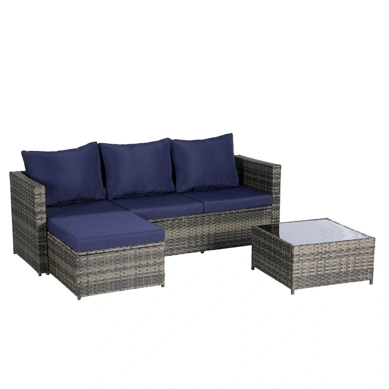 Set Divano a L a 3 Posti in Rattan da Esterno con Pouf e Tavolino da Caffè
