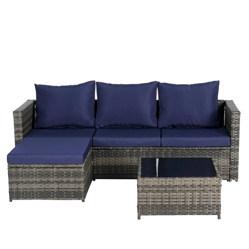 Set Divano a L a 3 Posti in Rattan da Esterno con Pouf e Tavolino da Caffè
