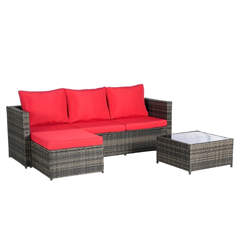Set Divano a L a 3 Posti in Rattan da Esterno con Pouf e Tavolino da Caffè