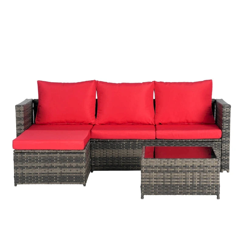 Set Divano a L a 3 Posti in Rattan da Esterno con Pouf e Tavolino da Caffè