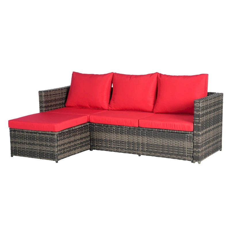 Set Divano a L a 3 Posti in Rattan da Esterno con Pouf e Tavolino da Caffè