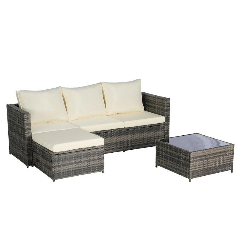 Set Divano a L a 3 Posti in Rattan da Esterno con Pouf e Tavolino da Caffè