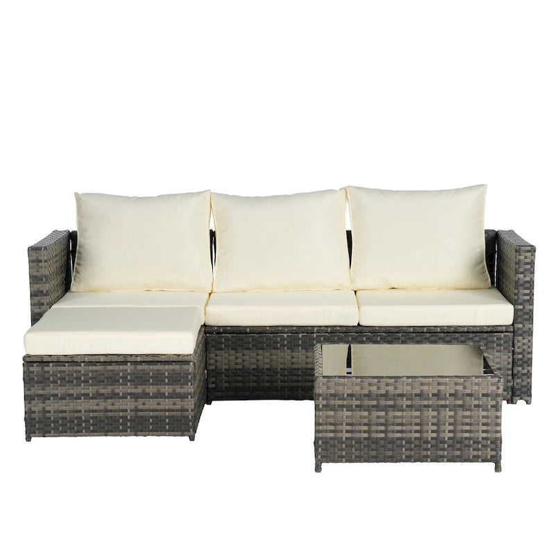 Set Divano a L a 3 Posti in Rattan da Esterno con Pouf e Tavolino da Caffè