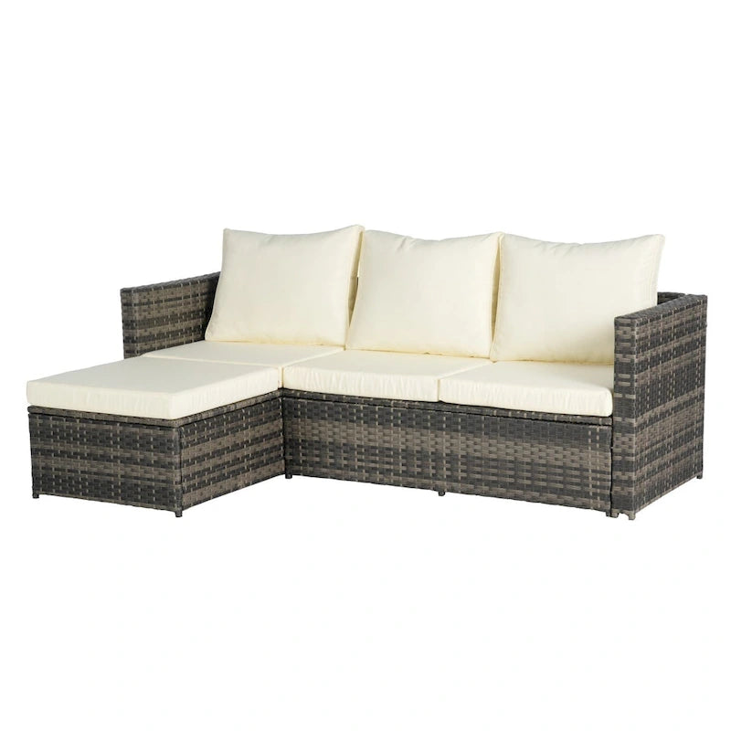 Set Divano a L a 3 Posti in Rattan da Esterno con Pouf e Tavolino da Caffè