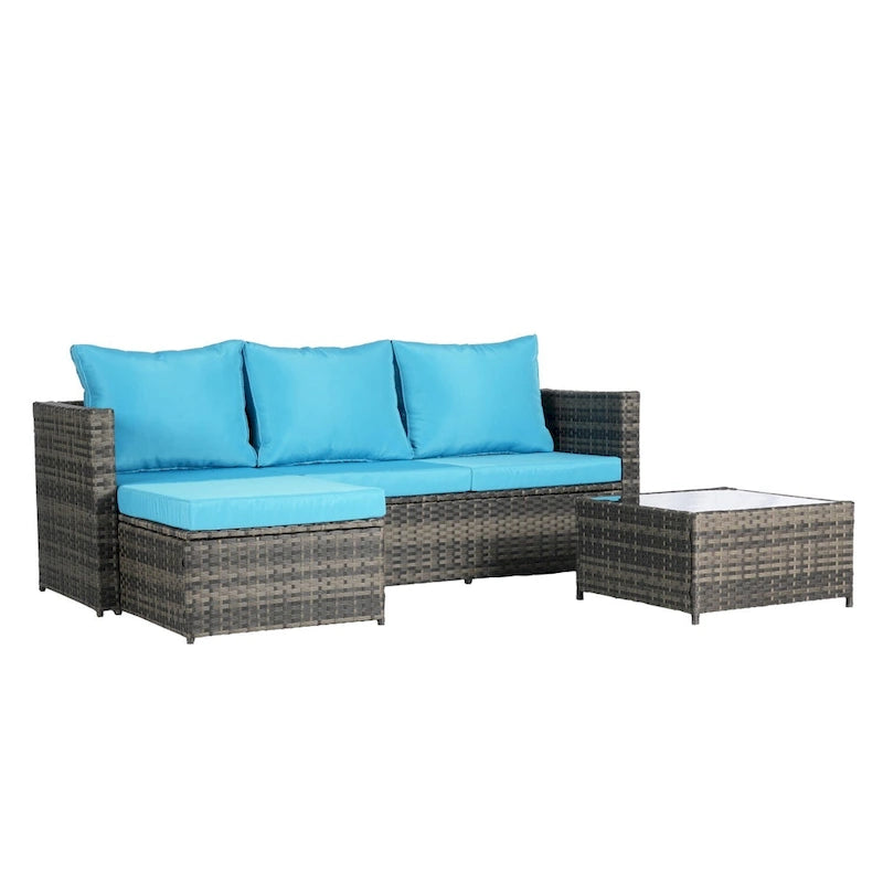 Set Divano a L a 3 Posti in Rattan da Esterno con Pouf e Tavolino da Caffè