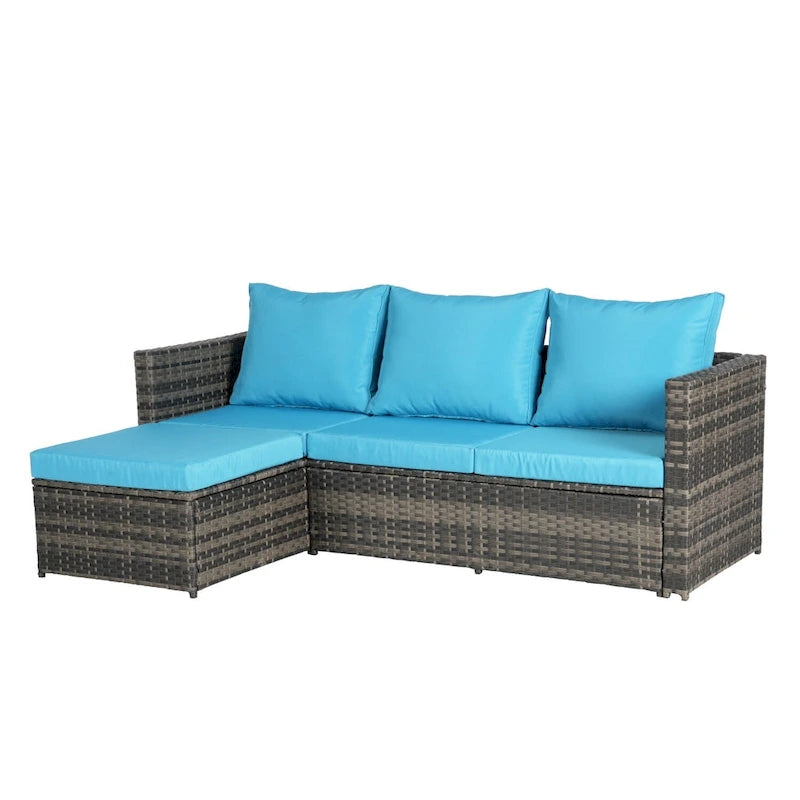 Set Divano a L a 3 Posti in Rattan da Esterno con Pouf e Tavolino da Caffè