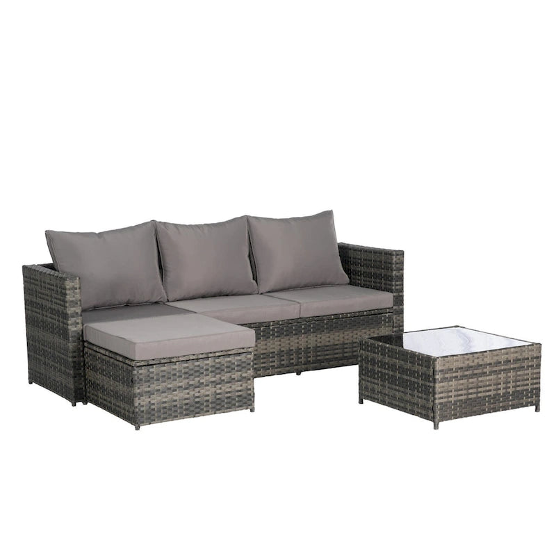 Set Divano a L a 3 Posti in Rattan da Esterno con Pouf e Tavolino da Caffè