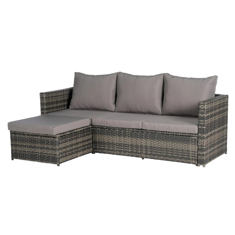 Set Divano a L a 3 Posti in Rattan da Esterno con Pouf e Tavolino da Caffè
