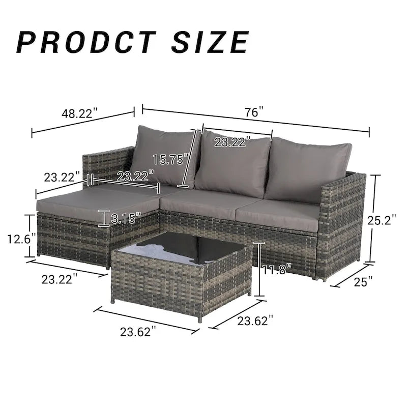Set Divano a L a 3 Posti in Rattan da Esterno con Pouf e Tavolino da Caffè