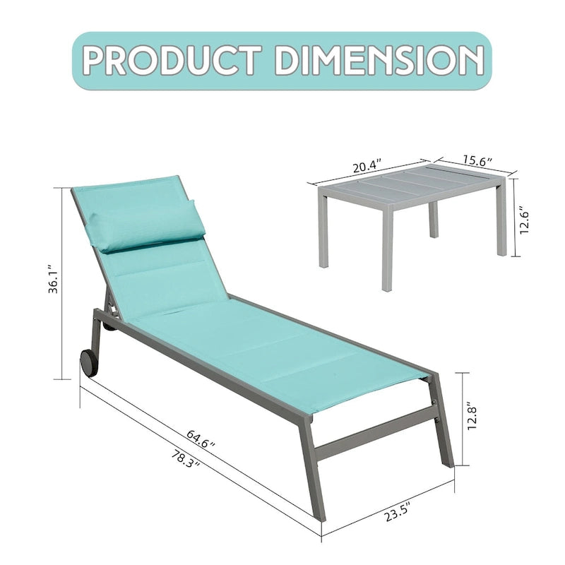 GDFStudio - Set a 3 pezzi Tatum per esterni con chaise longue regolabile, tavolino e ruote