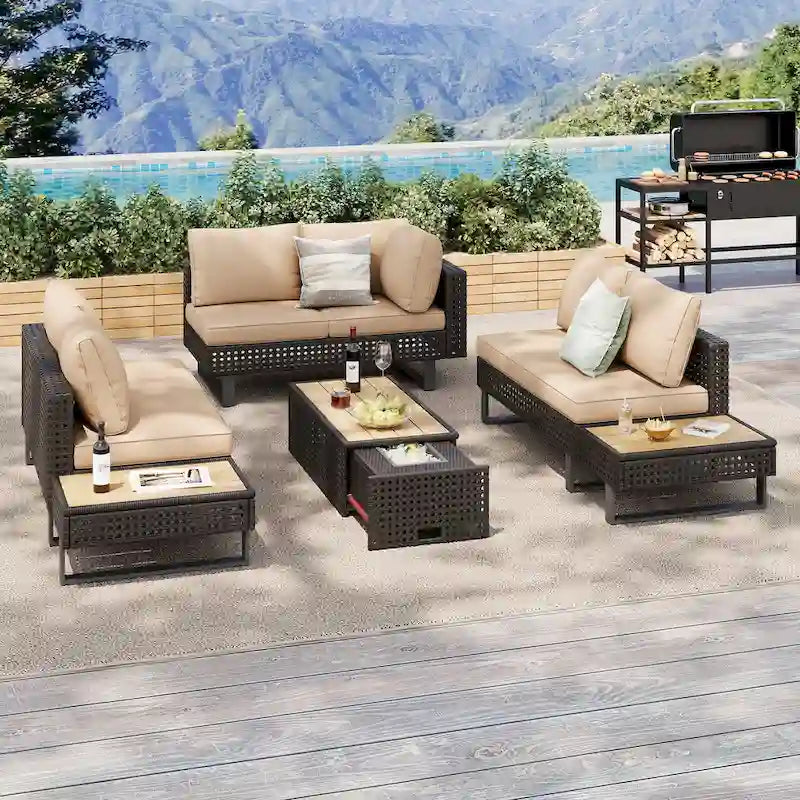 Set Divano Componibile da Esterno in Rattan a 6 Pezzi con Seduta Regolabile e Tavolino con Secchiello del Ghiaccio