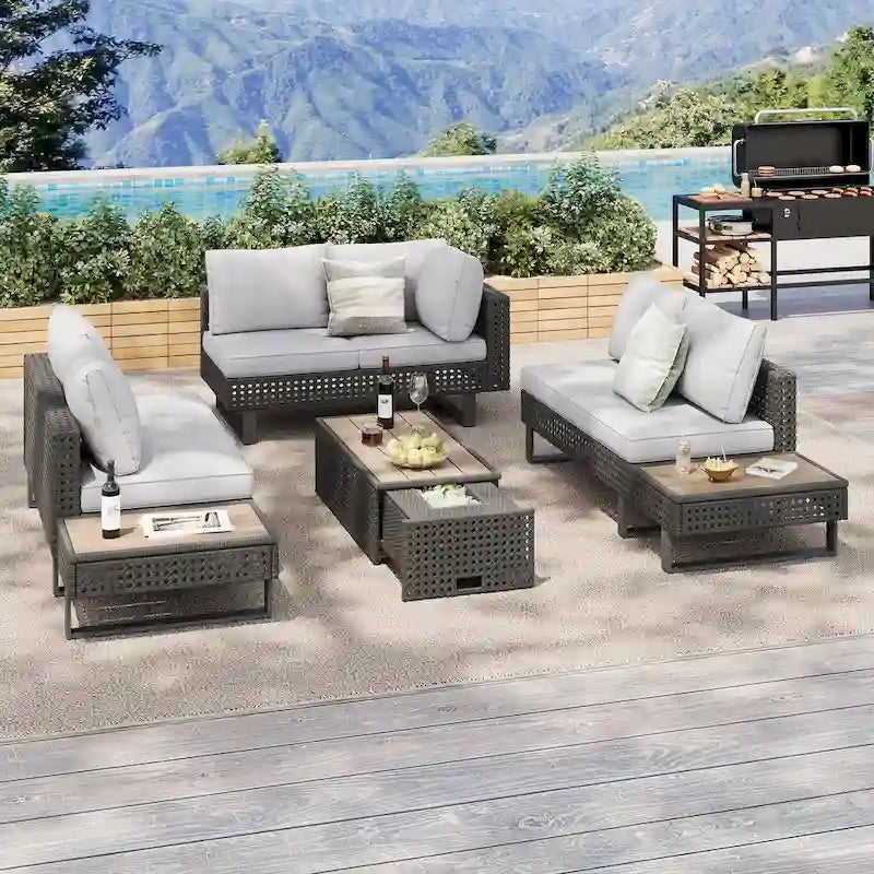 Set Divano Componibile da Esterno in Rattan a 6 Pezzi con Seduta Regolabile e Tavolino con Secchiello del Ghiaccio