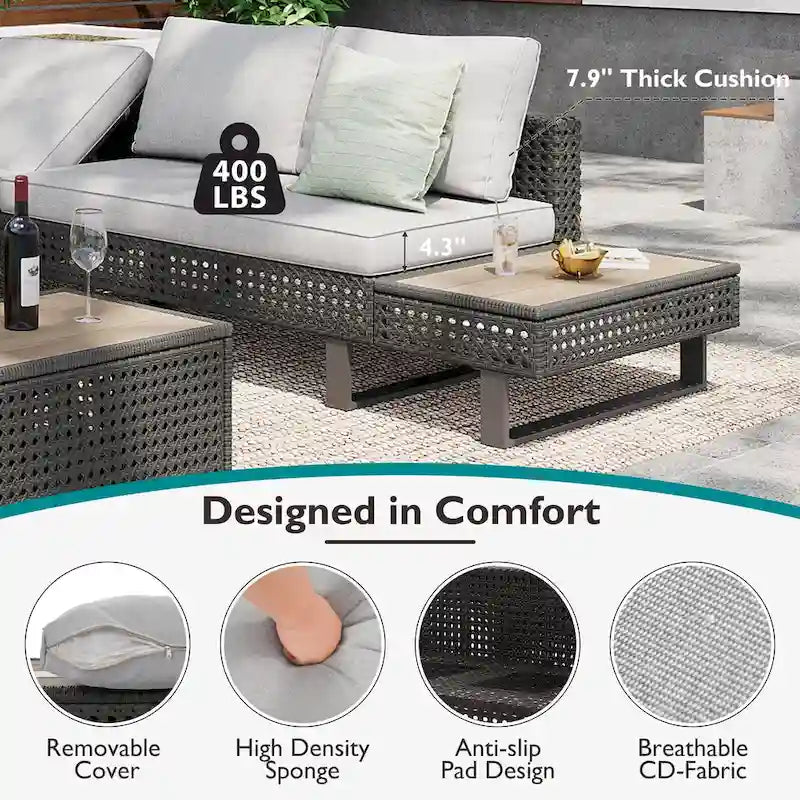 Set Divano Componibile da Esterno in Rattan a 6 Pezzi con Seduta Regolabile e Tavolino con Secchiello del Ghiaccio