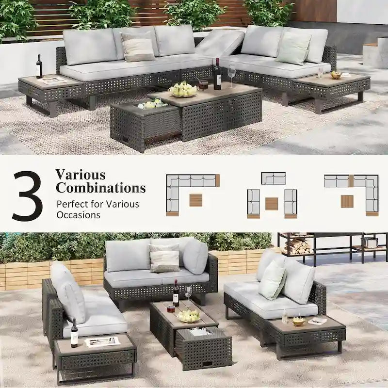 Set Divano Componibile da Esterno in Rattan a 6 Pezzi con Seduta Regolabile e Tavolino con Secchiello del Ghiaccio