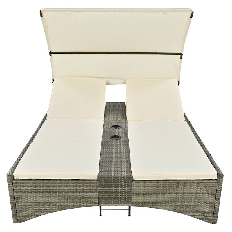 Lettino Prendisole da Esterno in Rattan con Baldacchino, Schienale Regolabile, Vano Portaoggetti e Portabicchieri