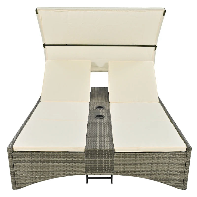Lettino Prendisole da Esterno in Rattan con Baldacchino, Schienale Regolabile, Vano Portaoggetti e Portabicchieri