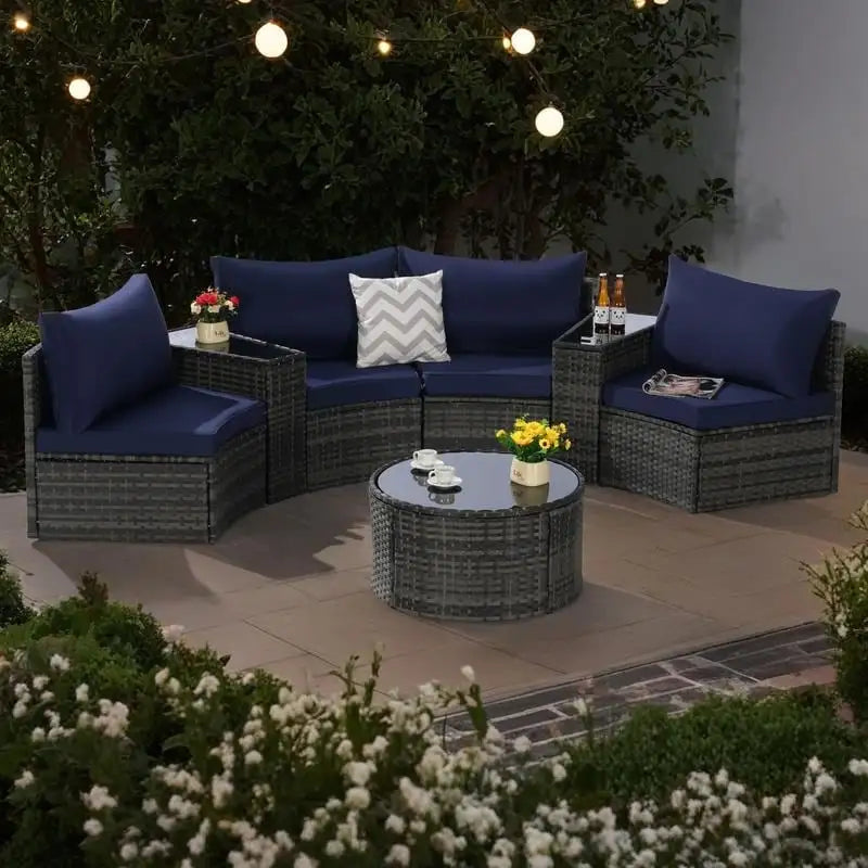 Ensemble de canapés de patio d'extérieur demi-lune 7 pièces avec table basse en verre trempé