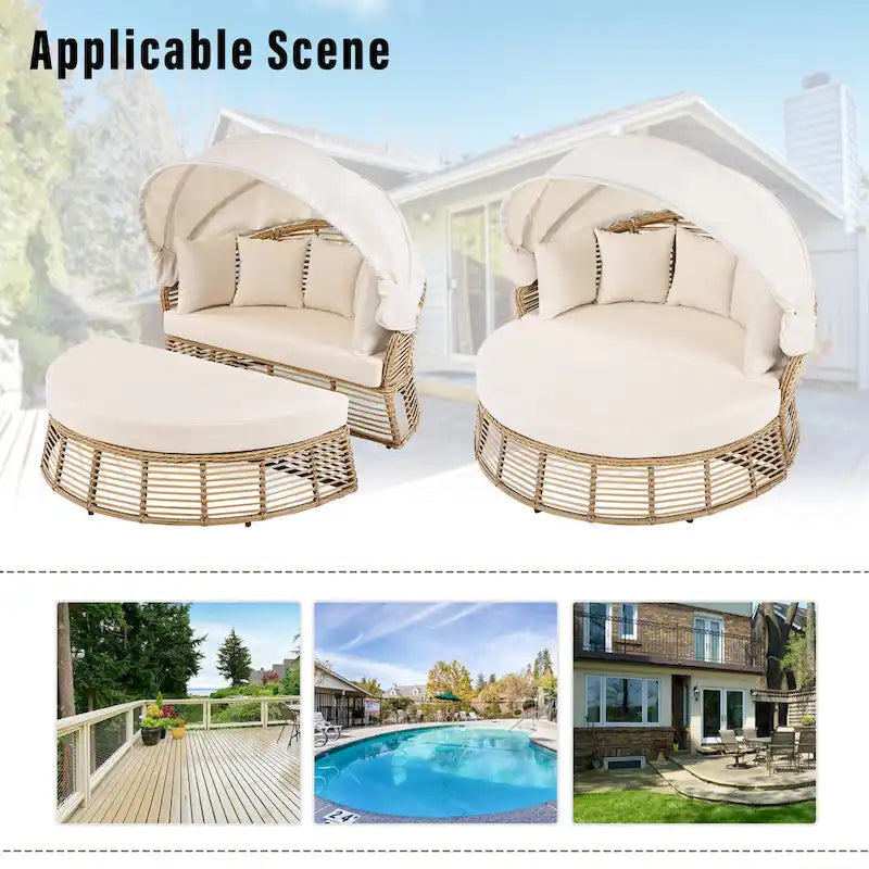 Letto da giorno rotondo in rattan da esterno con baldacchino e cuscini rimovibili