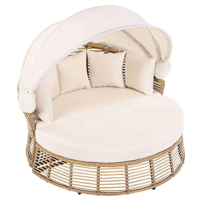 Letto da giorno rotondo in rattan da esterno con baldacchino e cuscini rimovibili