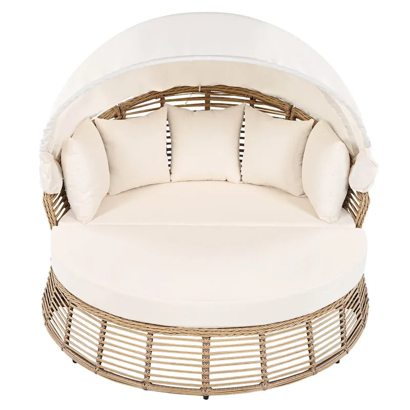 Letto da giorno rotondo in rattan da esterno con baldacchino e cuscini rimovibili
