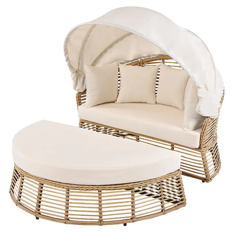 Letto da giorno rotondo in rattan da esterno con baldacchino e cuscini rimovibili