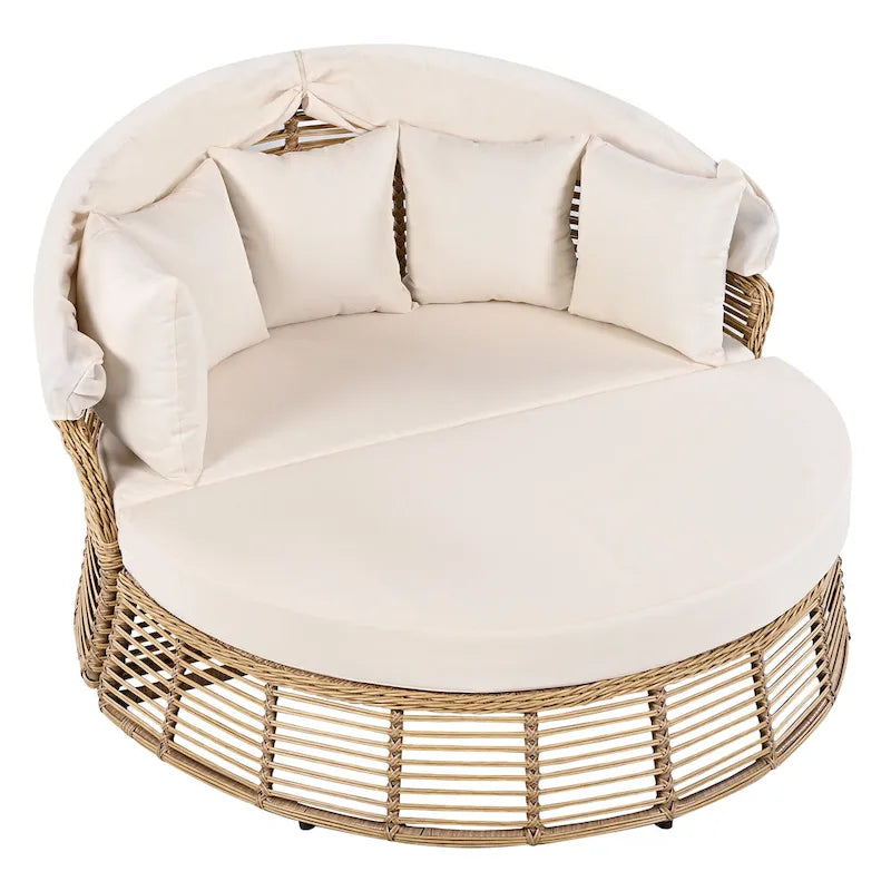 Letto da giorno rotondo in rattan da esterno con baldacchino e cuscini rimovibili