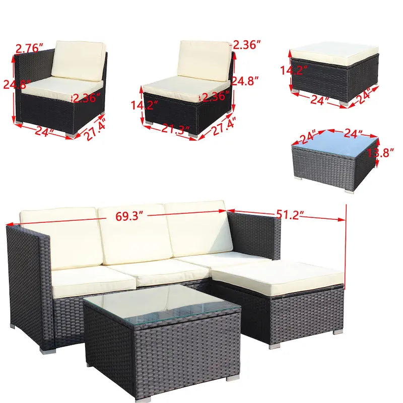 Set divano sezionale da esterno in rattan a 5 pezzi con tavolino e cuscini
