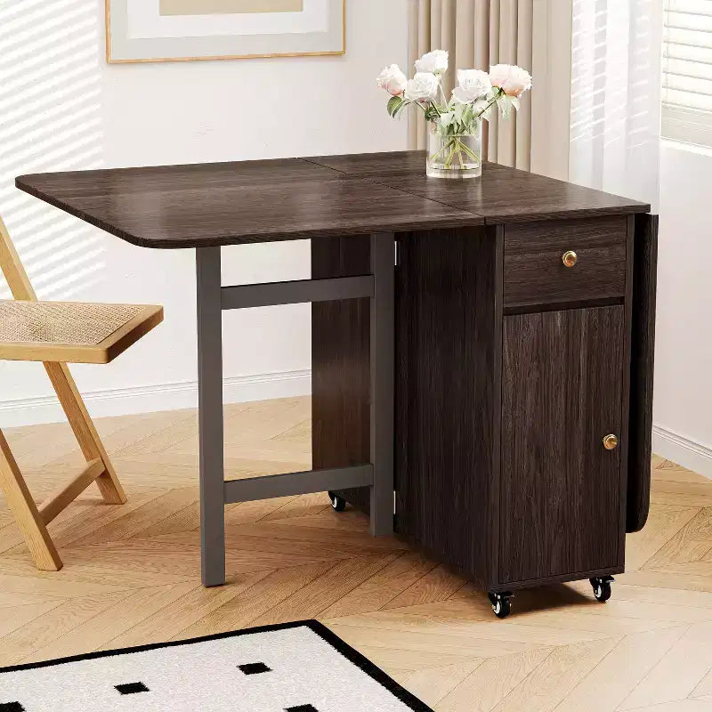 Tavolo da pranzo pieghevole ATJafurn 59'' con ante a ribalta per piccoli spazi, tavolo da cucina rettangolare estensibile in legno con ruote e contenitore