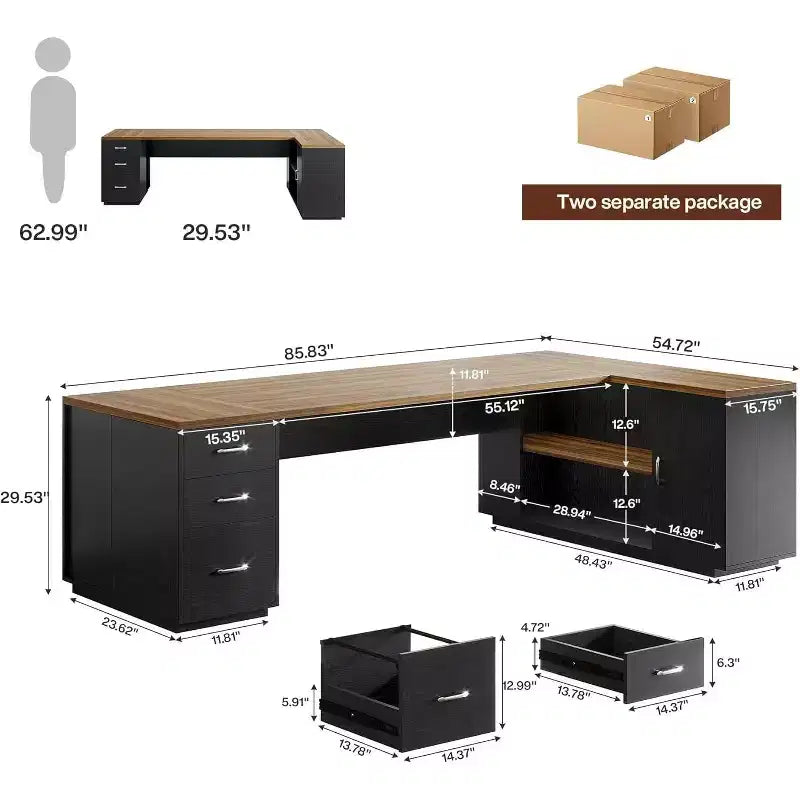 Scrivania direzionale a L Lantine 85,8, scrivania da computer da ufficio extra large con cassetti portadocumenti per l'home office